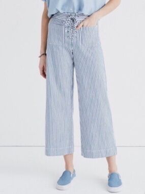 Madewell Blue & White Striped Lace-Up Wide Cropped Pants